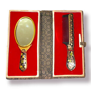 Beautiful Vintage Travel Set Comb & Mirror Cloisonne Enamel in Original Case
